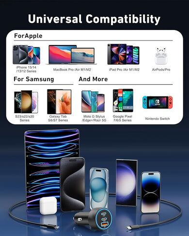 شاحن سيارة USB C، 3 منافذ 67 واط مزدوج USB-C وUSB-A محول سيارة شحن سريع للغاية وكابل 2X 3FT من النوع C لهاتف Samsung Galaxy S24/S23/S22/S21/Plus/Ultra/Note، iPhone 15 Pro Max ، بيكسل، هاتف أندرويد in Kuwait