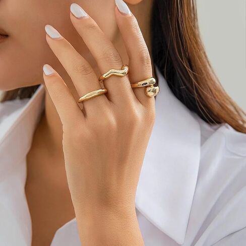 POTESSA 18K Gold Plated Open Rings for Women Wide Band Link Chain Ring Simple Stacking Finger Jewelry Size #4 - #9 in Saudi Arabia