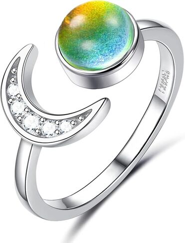 yadoca 925 الفضة الاسترليني خاتم المزاج للنساء قابل للتعديل فتح القمر ستار مكعب زركونيا خواتم 18 كيلو الذهب الأبيض مطلي التحكم في درجة الحرارة اللون تغيير المزاج الدائري بيان المجوهرات in Kuwait
