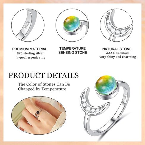yadoca 925 الفضة الاسترليني خاتم المزاج للنساء قابل للتعديل فتح القمر ستار مكعب زركونيا خواتم 18 كيلو الذهب الأبيض مطلي التحكم في درجة الحرارة اللون تغيير المزاج الدائري بيان المجوهرات in Kuwait
