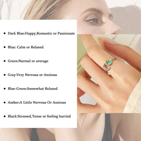 yadoca 925 الفضة الاسترليني خاتم المزاج للنساء قابل للتعديل فتح القمر ستار مكعب زركونيا خواتم 18 كيلو الذهب الأبيض مطلي التحكم في درجة الحرارة اللون تغيير المزاج الدائري بيان المجوهرات in Kuwait