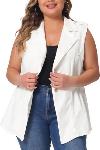 Agnes Orinda Plus Size Women's Denim Vest Sleeveless Lapel Button Elastic Waist Casual Denim Jackets Vests in Kuwait