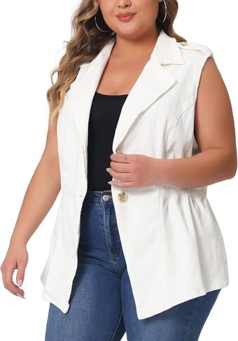 Agnes Orinda Plus Size Women's Denim Vest Sleeveless Lapel Button Elastic Waist Casual Denim Jackets Vests in Kuwait