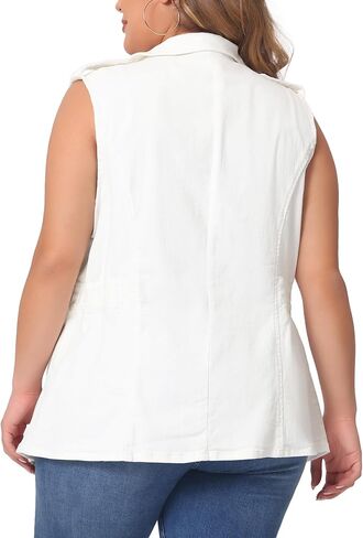 Agnes Orinda Plus Size Women's Denim Vest Sleeveless Lapel Button Elastic Waist Casual Denim Jackets Vests in Kuwait