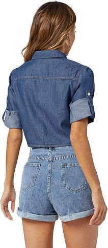 Women's Tie Front Chambray Shirts Roll Up 3/4 Sleeve Button Down Crop Denim Tops in Saudi Arabia
