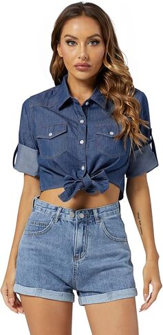Women's Tie Front Chambray Shirts Roll Up 3/4 Sleeve Button Down Crop Denim Tops in Saudi Arabia