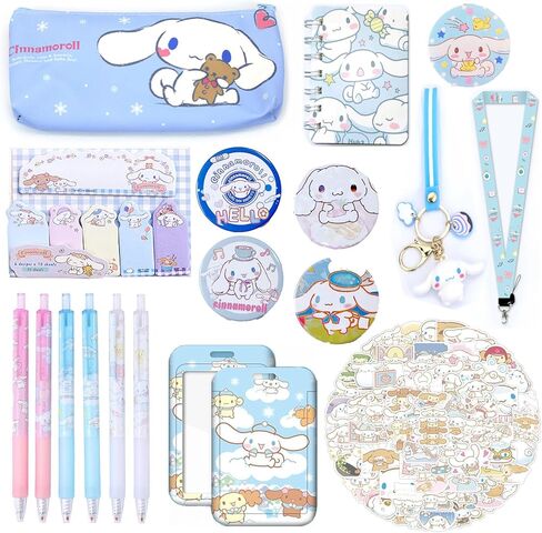 مجموعة اللوازم المدرسية اللطيفة Cinnamoroll مجموعة هدايا اللوازم المكتبية Kawaii بما في ذلك أقلام الحبر الجل وملصقات مقلمة وملصقات شارة الهوية ودبابيس الأزرار وسلسلة المفاتيح وسلسلة الهاتف وحامل حلقة الهاتف in Kuwait