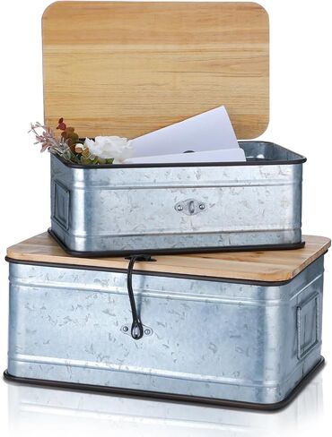 2 Pcs Metal Storage Box with Wooden Lid Rustic Storage Boxes Metal Organizer for Photos Jewelry Keepsake Home Decoration Practical Birthday Mother's Day Gifts for Women in Saudi Arabia