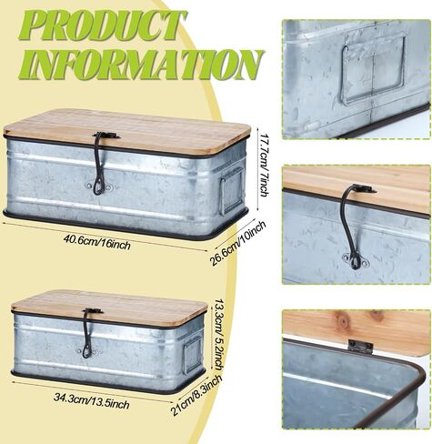 2 Pcs Metal Storage Box with Wooden Lid Rustic Storage Boxes Metal Organizer for Photos Jewelry Keepsake Home Decoration Practical Birthday Mother's Day Gifts for Women in Saudi Arabia