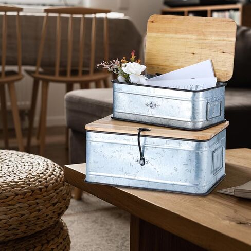 2 Pcs Metal Storage Box with Wooden Lid Rustic Storage Boxes Metal Organizer for Photos Jewelry Keepsake Home Decoration Practical Birthday Mother's Day Gifts for Women in Saudi Arabia