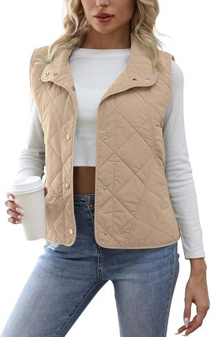 PEKMRMN Womens Quilted Vest Lightweight Sleevesless Stand Collar Button Down Padded Gilet Fall Outerwear Vests with Pockets in Kuwait