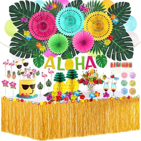 137 قطعة من ديكورات حفلات هاواي لواو، لوازم أعياد الميلاد الصيفية الاستوائية، لافتة ألوها من أوراق النخيل، مروحة ورقية، تنورة طاولة عشبية، الكركديه، الأناناس، قرص العسل، القش، كعكة علوية، بالون، ديكور حفلات ألوها in Kuwait