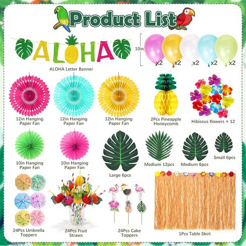 137 قطعة من ديكورات حفلات هاواي لواو، لوازم أعياد الميلاد الصيفية الاستوائية، لافتة ألوها من أوراق النخيل، مروحة ورقية، تنورة طاولة عشبية، الكركديه، الأناناس، قرص العسل، القش، كعكة علوية، بالون، ديكور حفلات ألوها in Kuwait