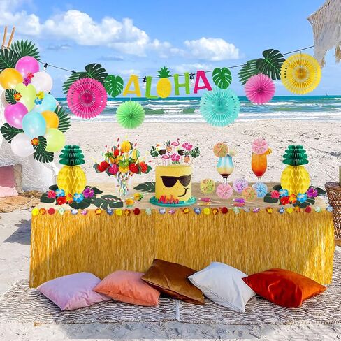 137 قطعة من ديكورات حفلات هاواي لواو، لوازم أعياد الميلاد الصيفية الاستوائية، لافتة ألوها من أوراق النخيل، مروحة ورقية، تنورة طاولة عشبية، الكركديه، الأناناس، قرص العسل، القش، كعكة علوية، بالون، ديكور حفلات ألوها in Kuwait