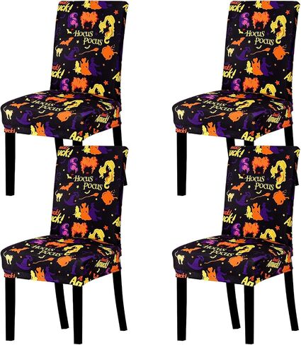 Whaline 4Pcs Halloween Chair Slipcovers Hocus Pocus Witch Theme Dining Chair Covers Protector Removable Stretch Elastic Seat Covers for Halloween Party Kitchen Home Hotel Restaurant Ceremony Decor in Saudi Arabia