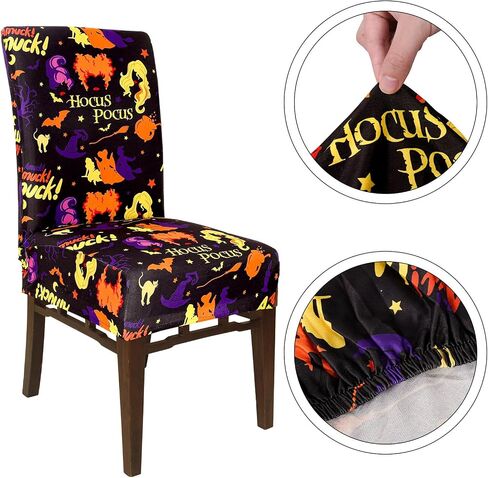 Whaline 4Pcs Halloween Chair Slipcovers Hocus Pocus Witch Theme Dining Chair Covers Protector Removable Stretch Elastic Seat Covers for Halloween Party Kitchen Home Hotel Restaurant Ceremony Decor in Saudi Arabia