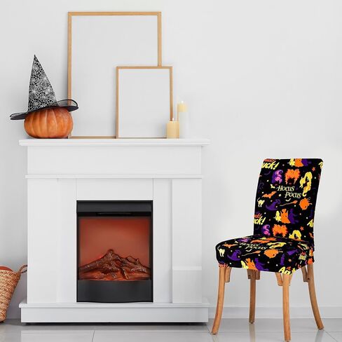 Whaline 4Pcs Halloween Chair Slipcovers Hocus Pocus Witch Theme Dining Chair Covers Protector Removable Stretch Elastic Seat Covers for Halloween Party Kitchen Home Hotel Restaurant Ceremony Decor in Saudi Arabia