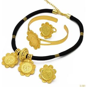 Traditional Ethiopian Coin Wedding Jewelry Sets 24K Gold Plated Bridal Romantic Jewelry for Women Necklace Ring Bracelet Earrings 4pcs Set