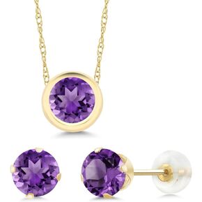 Gem Stone King 14K Yellow Gold Purple Amethyst Pendant and Earrings Jewelry Set For Women | 2.10 Cttw | Round 6MM | Gemstone Birthstone | with 18 Inch Chain