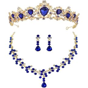TENDYCOCO Bridal Austrian Crystal Necklace Crown Headband and Earrings Jewelry Set Statement Necklace Dangle Earrings for Bridal Wedding Party (Red)