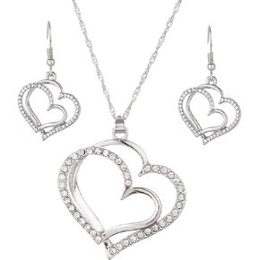 Wedding Jewelry Mother's Day Gifts Double Heart Pendant Necklace and Earring Set for Mom Women Bride Bridesmaids