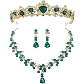 TENDYCOCO Bridal Austrian Crystal Necklace Crown Headband and Earrings Jewelry Set Statement Necklace Dangle Earrings for Bridal Wedding Party (Red)
