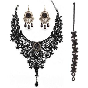 Black Lace Necklace and Earrings Set, Gothic Lolita Black Pendant Choker for a Halloween Costume and Wedding (Black)