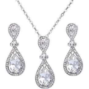 BriLove Women's Wedding Bridal Elegant Crystal Teardrop Pendant Necklace Dangle Earrings Set