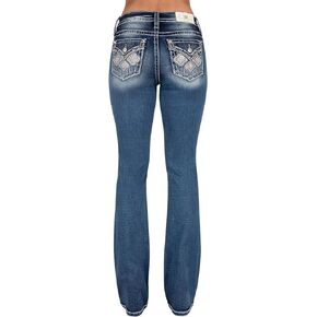 Miss Me Women's Mid-Rise Southern Diamond Embellished Faux Flap Pockets Bootcut Jeans