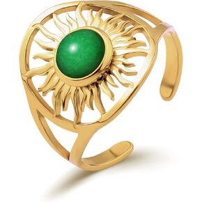 North Star Ring for Women, Boho Gold Rings for Women Vintage Knuckle Adjustable Rings, Bohemian Sun Ring Stone Moonstone Meditation Ring, Green & Red Agate Yellow Gold Plated Delicate Rings Women Men