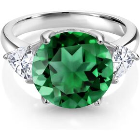 Gem Stone King 925 Sterling Silver Green Nano Emerald and White Moissanite 3-Stone Ring For Women (5.94 Cttw, Round 12MM, Trillion 5MM, Available In Size 5, 6, 7, 8, 9)
