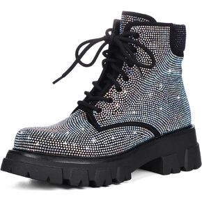 Rhinestone Combat Boots Platform Chunky Heel Lace Up Ankle Boots Side Zipper