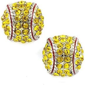 Softball Earrings Studs - Crystal Rhinestone Post Silver Bling Yellow Fastpitch 14mm Sport Fashion Pair by Kenz Laurenz
