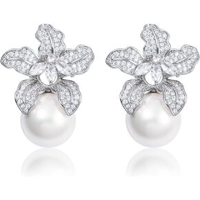 Blooming Flower Drop Cubic Zirconia Big Round Pearl Stud Earrings for Wedding Ceremony Chic Accessories