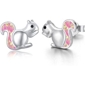 Squirrel Earrings Sterling Silver Cute Opal Little Squirrel Earrings Hypoallergenic Stud Lovely Small Animal Jewelry Gift for Women Girlfriend Daughter Teen Sensitive Ears