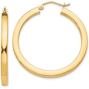 14K Yellow Gold 3mm Polished Square Hoop Earrings ~ 35mm length