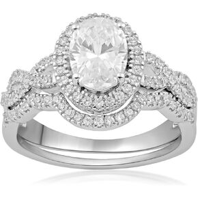 Jewelili Halo Bridal Ring in Sterling Silver with Oval and Round Shape Cubic Zirconia
