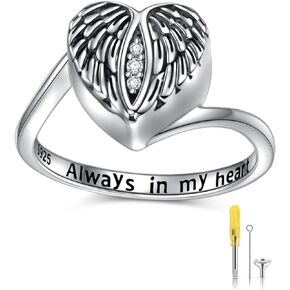 925 Sterling Silver Angel Wings Urn Heart Ring Hold Loved Ones Ashes Always in My Heart Keepsake Memorial Jewelry Oxidation Effect Cremation Rings for Women Girls