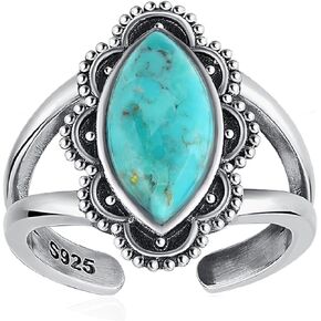 Phyonio Marquise Shape Turquoise Ring for Women, 925 Sterling Silver Turquoise Adjustable Ring Vintage Open Wide Statement Rings Valentines Gifts