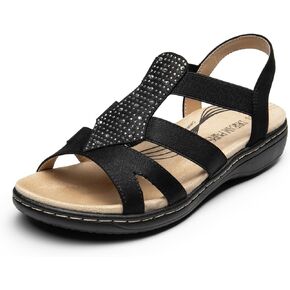 DREAM PAIRS Flat Sandals for Women Comfortable Elastic Strap Walking Sandals Rhinestone Open Toe Casual Sandals
