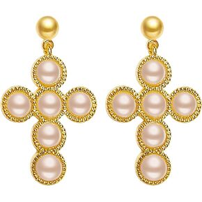 Cross Pearl Earrings - Lightweight Gold Plated Earrings with 6 Pearls - Religious Ornaments