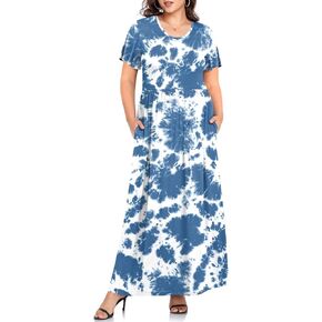 TAOHUADAO Women's Summer Plus Size Dresses Crewneck Ruffle Short Sleeve Casual Maxi Dress with Pockets