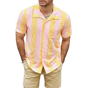 VATPAVE Mens Casual Striped Shirts Short Sleeve Button Down Summer Shirts Regular Fit Beach Shirts with Pocket