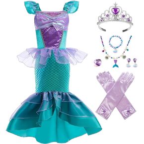 Mermaid Costume for Girls with Purple Crown Jewelry Gloves Halloween Princess Dress up