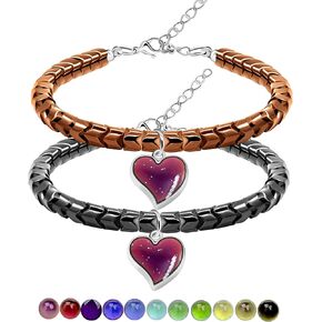 Uloveido A Pair of Gear-shape Hematite Bracelets with Color Changing Thermo Sensitive Mood Heart Charms, Couples Love Heart Bangles Gifts