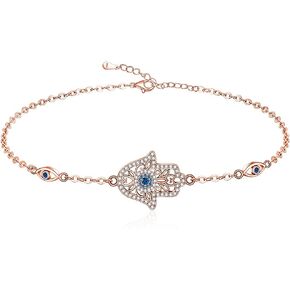 Hamsa Hand Evil Eye Bracelet for Women Girls Rose Gold Sterling Silver Dainty Cute Crystal Round Blue Evil Eye Fatima Bracelets