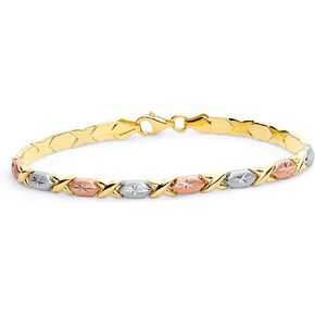 The World Jewelry Center 14k Real Tri Color Gold Diamond Cut Stampato XOXO Bracelet with Lobster Claw Clasp - 7.25"