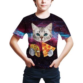 Kids Print 3D Galaxy Cat Funny Graphic Pattern Tees Shirts for Youth Boys Girls 4-14 Years