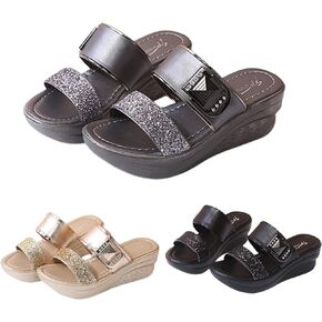 ORNVEION Womens Rhinestone Sequin Wedge Platform Sandals Orthotic Arch Support Silppers,Two Strap Slip-On Open-Toe Beach Casual Slippers