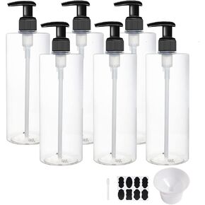 12 Pack 8 oz Plastic Pump Dispenser Bottles for Massage Oil, Shampoo, Lotions, Body Wash Pump Bottles, Cream Refillable Containers with Pump, 2 Funnel, 18 Chalk Labels